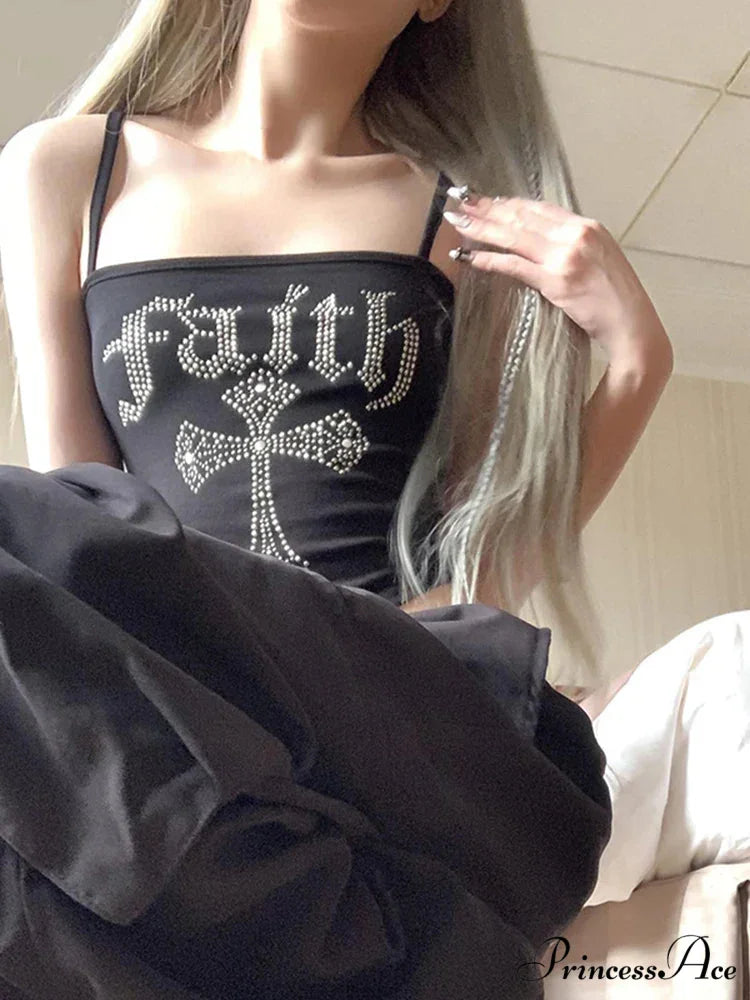 Gothic Cross Hot Rhinestone Vintage Spaghetti Straps Corset Y2K Street Grunge Crop Top