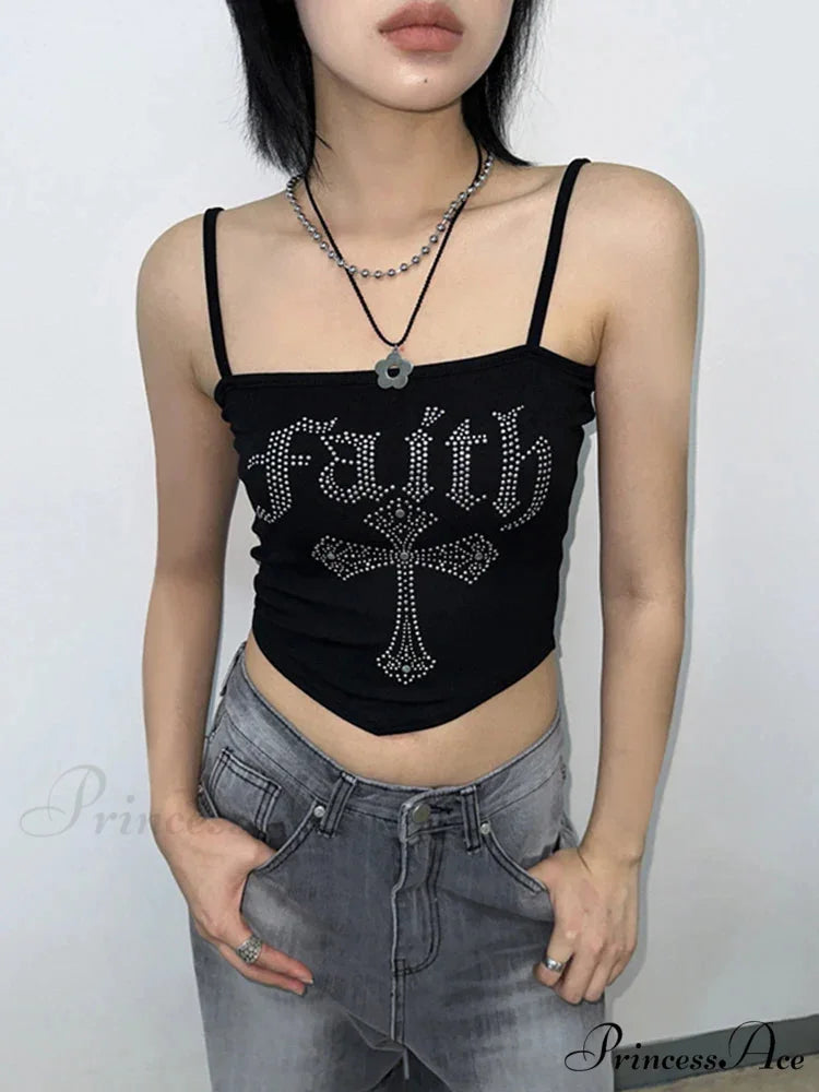 Gothic Cross Hot Rhinestone Vintage Spaghetti Straps Corset Y2K Street Grunge Crop Top