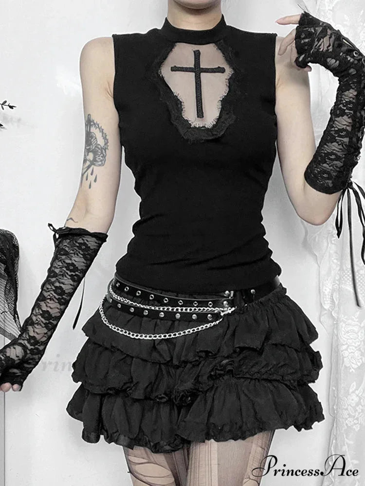 Gothic Dark Cross Mesh Patchwork See Through Grunge Alternative Crop Top