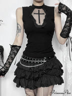 Gothic Dark Cross Mesh Patchwork See Through Grunge Alternative Crop Top