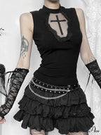 Gothic Dark Cross Mesh Patchwork See Through Grunge Alternative Crop Top