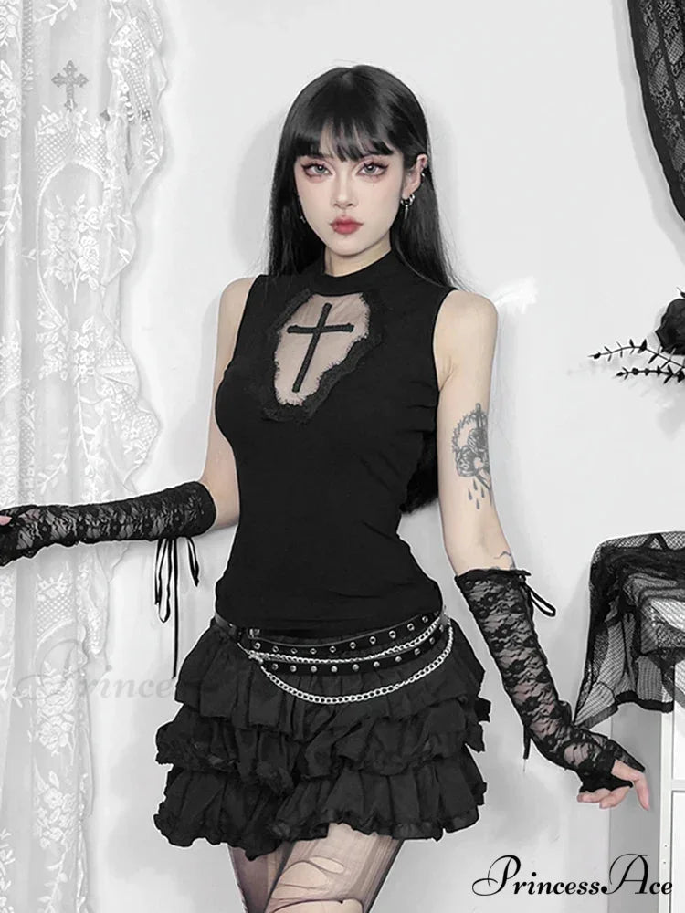 Gothic Dark Cross Mesh Patchwork See Through Grunge Alternative Crop Top