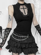 Gothic Dark Cross Mesh Patchwork See Through Grunge Alternative Crop Top