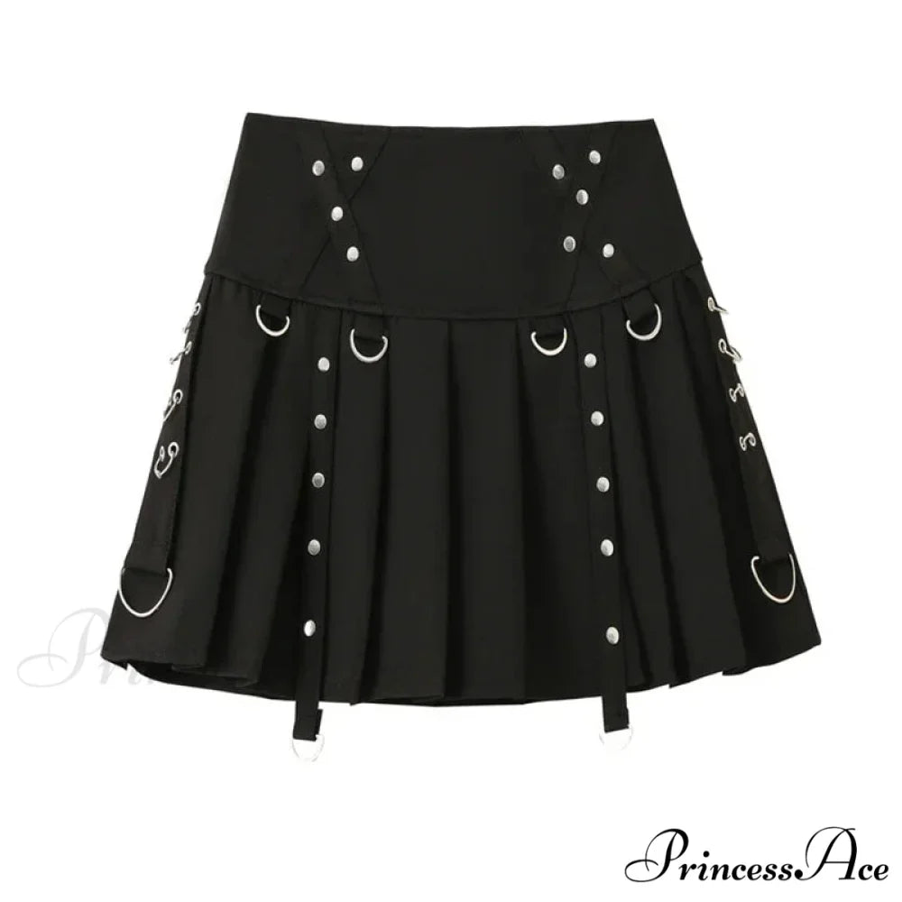 Gothic Diablo Harajuku Personality Spice Rivet Metal Buckle Streamer Low Waist A Version Short Pleated Skirt