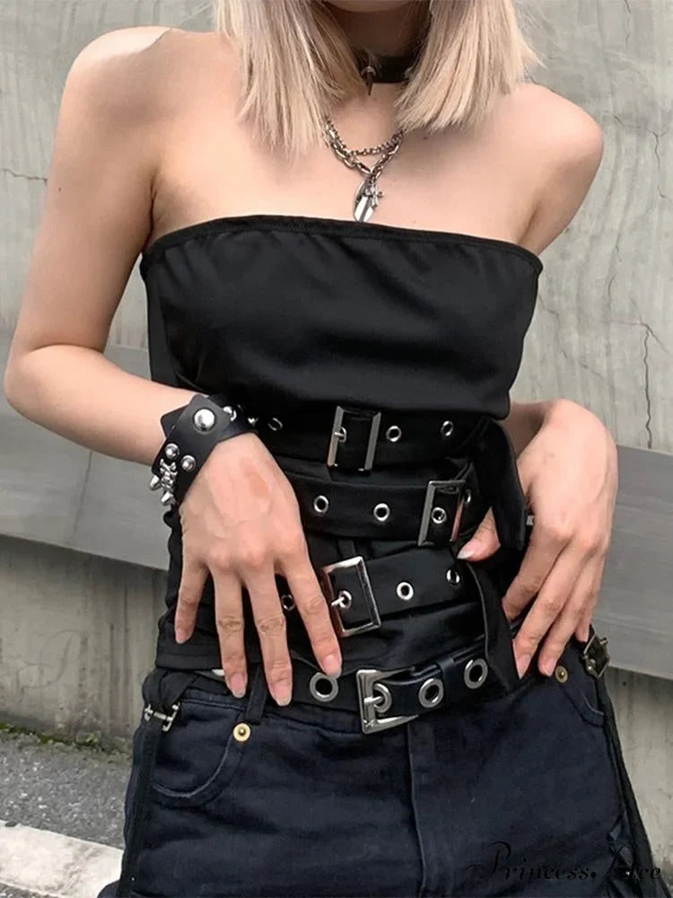 Gothic Eyelet Bandage Design Punk Black Sleeveless Crop Top