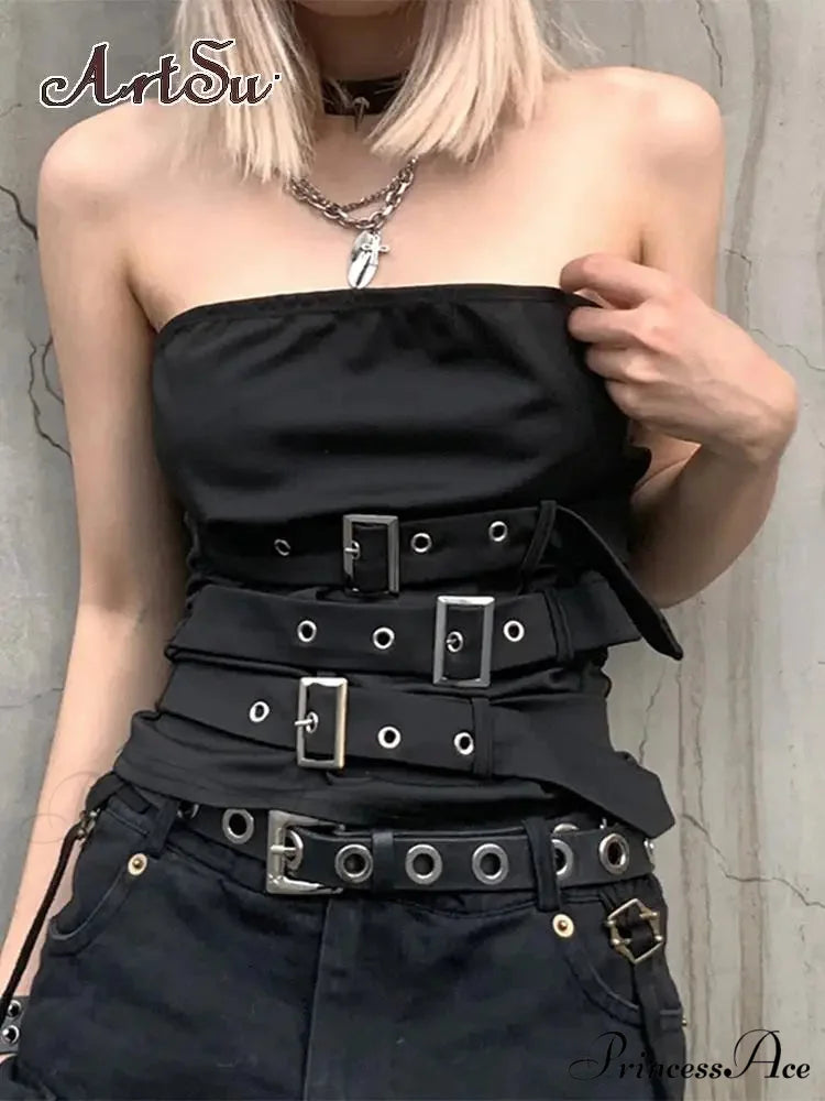 Gothic Eyelet Bandage Design Punk Black Sleeveless Crop Top