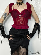 Gothic Floral Lace Mesh Corset V Neck Adjustable Strap Camisole Crop Top