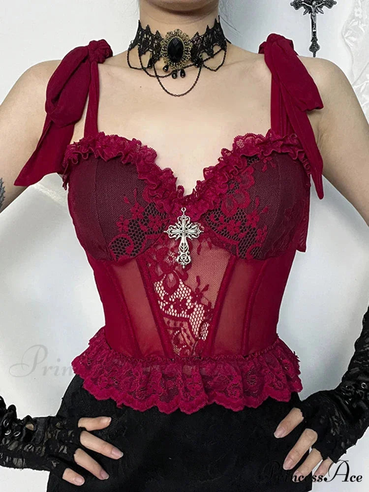 Gothic Floral Lace Mesh Corset V Neck Adjustable Strap Camisole Crop Top