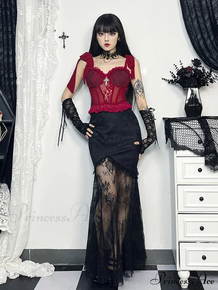 Gothic Floral Lace Mesh Corset V Neck Adjustable Strap Camisole Crop Top