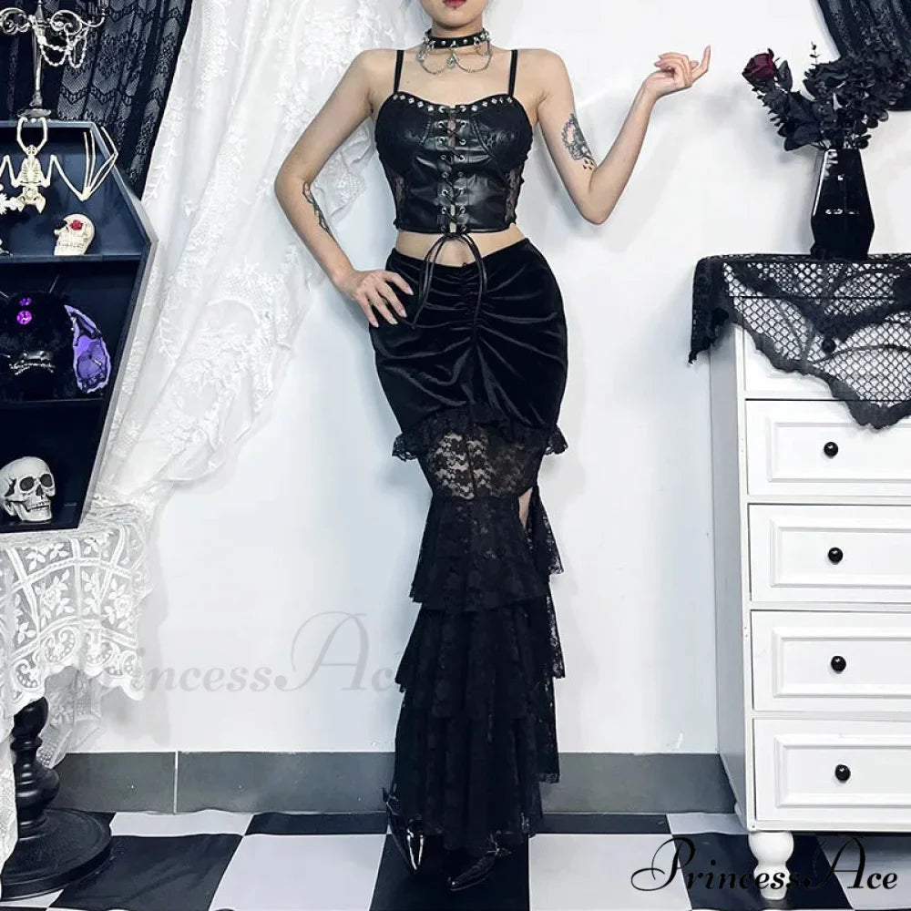 Gothic Folding Fishtail Multi-layer Splicing Split Woman Velvet High Waist Lace Patchwork Mermaid Skirt
