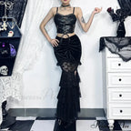 Gothic Folding Fishtail Multi-layer Splicing Split Woman Velvet High Waist Lace Patchwork Mermaid Skirt