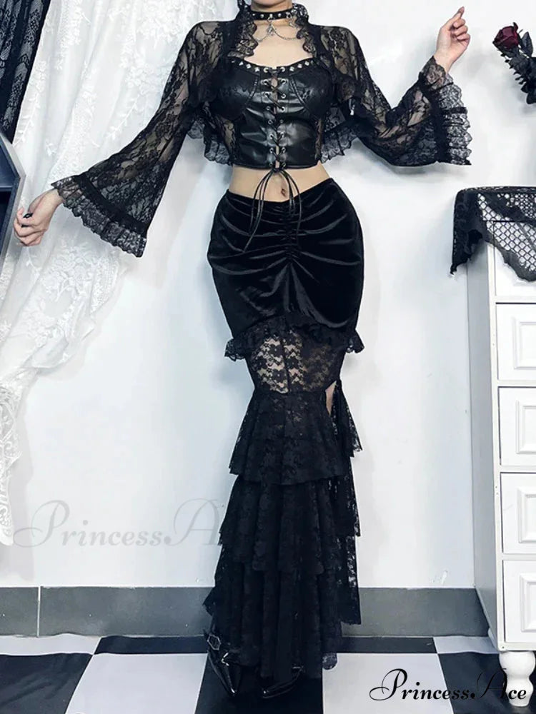 Gothic Folding Fishtail Multi-layer Splicing Split Woman Velvet High Waist Lace Patchwork Mermaid Skirt