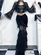 Gothic Folding Fishtail Multi-layer Splicing Split Woman Velvet High Waist Lace Patchwork Mermaid Skirt