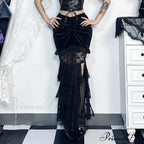 Gothic Folding Fishtail Multi-layer Splicing Split Woman Velvet High Waist Lace Patchwork Mermaid Skirt