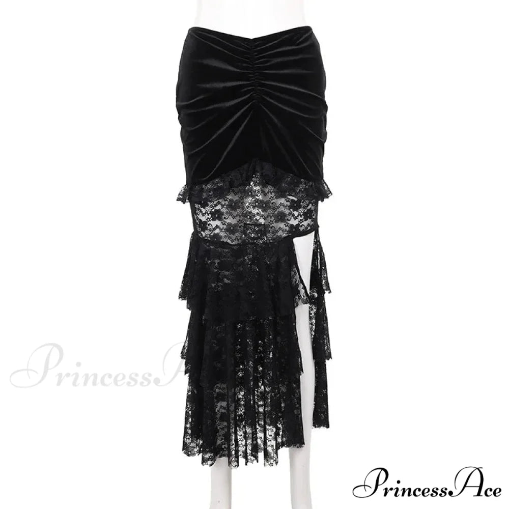 Gothic Folding Fishtail Multi-layer Splicing Split Woman Velvet High Waist Lace Patchwork Mermaid Skirt