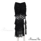 Gothic Folding Fishtail Multi-layer Splicing Split Woman Velvet High Waist Lace Patchwork Mermaid Skirt