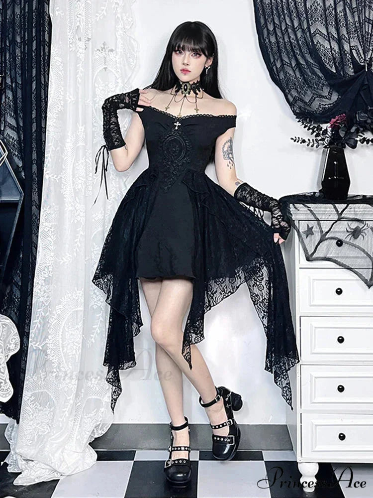 Gothic Folds Corsets A-Line Black Off Shoulder Ball Gown Women Grunge Vintage Aesthetic Harajuku Partywear Dress