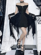 Gothic Folds Corsets A-Line Black Off Shoulder Ball Gown Women Grunge Vintage Aesthetic Harajuku Partywear Dress