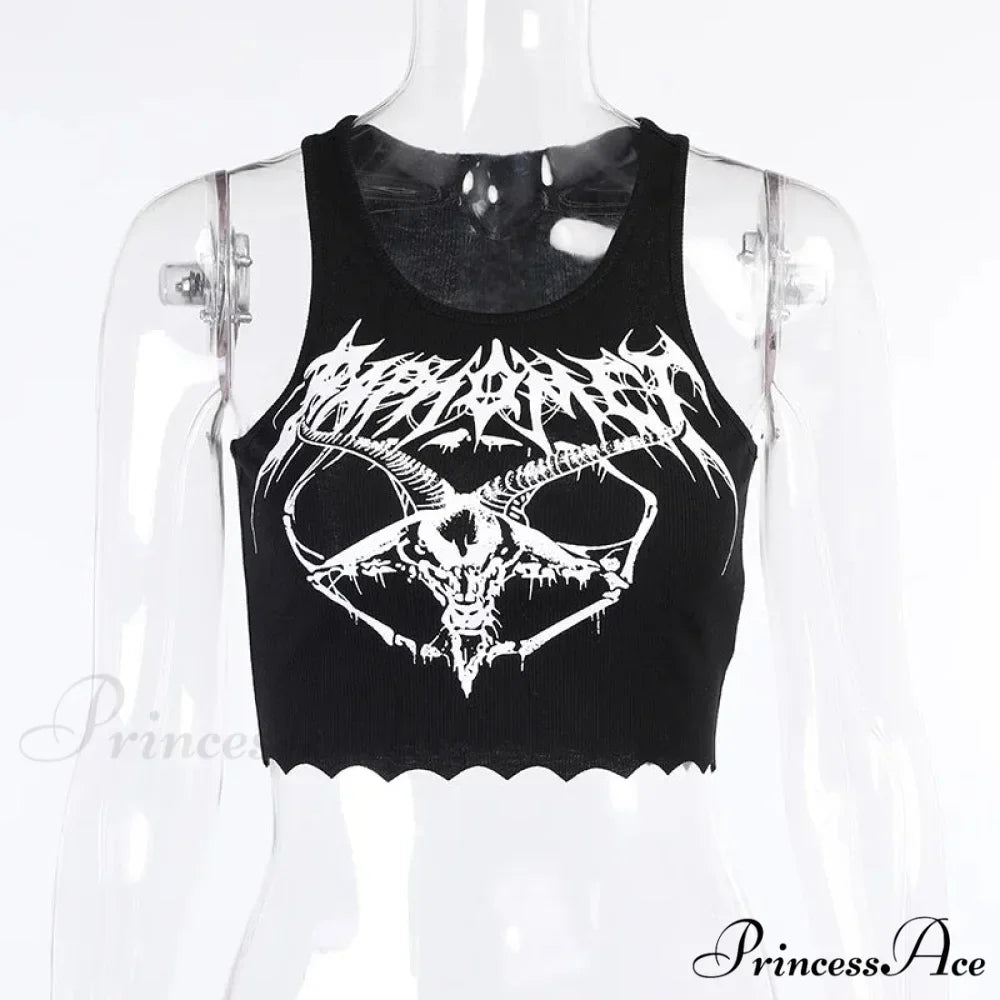 Gothic Grunge Knitted Punk Black Goat Print Crop Top