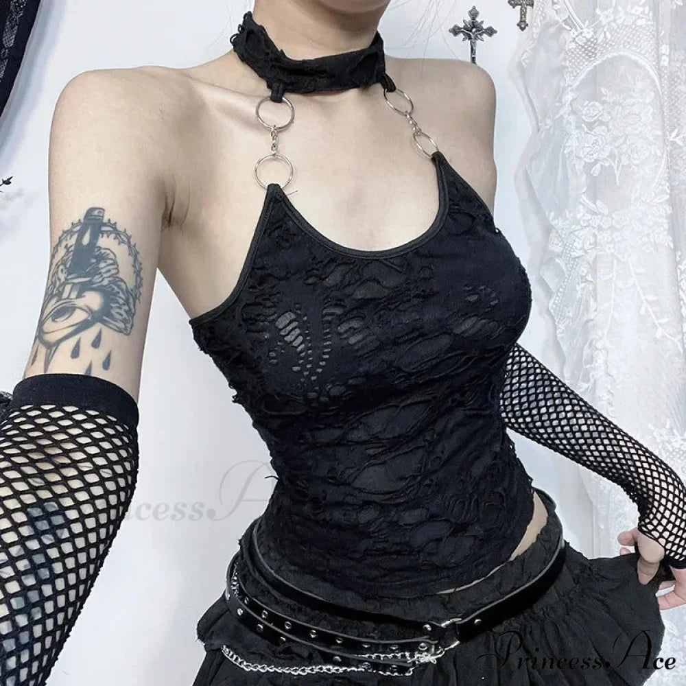 Gothic Halter Cyberpunk Y2K Backless Ring Bodycon Harajuku Basic Sexy Crop Top