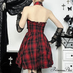 Gothic Halter Neck Sleeveless Vintage Plaid Mall Goth High Waist A line Swing Backless Dress