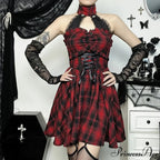 Gothic Halter Neck Sleeveless Vintage Plaid Mall Goth High Waist A line Swing Backless Dress