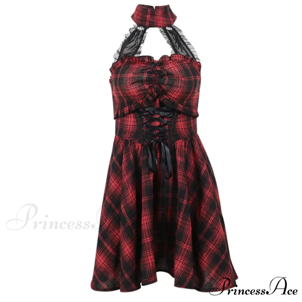 Gothic Halter Neck Sleeveless Vintage Plaid Mall Goth High Waist A line Swing Backless Dress