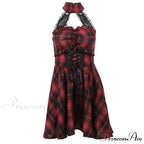 Gothic Halter Neck Sleeveless Vintage Plaid Mall Goth High Waist A line Swing Backless Dress