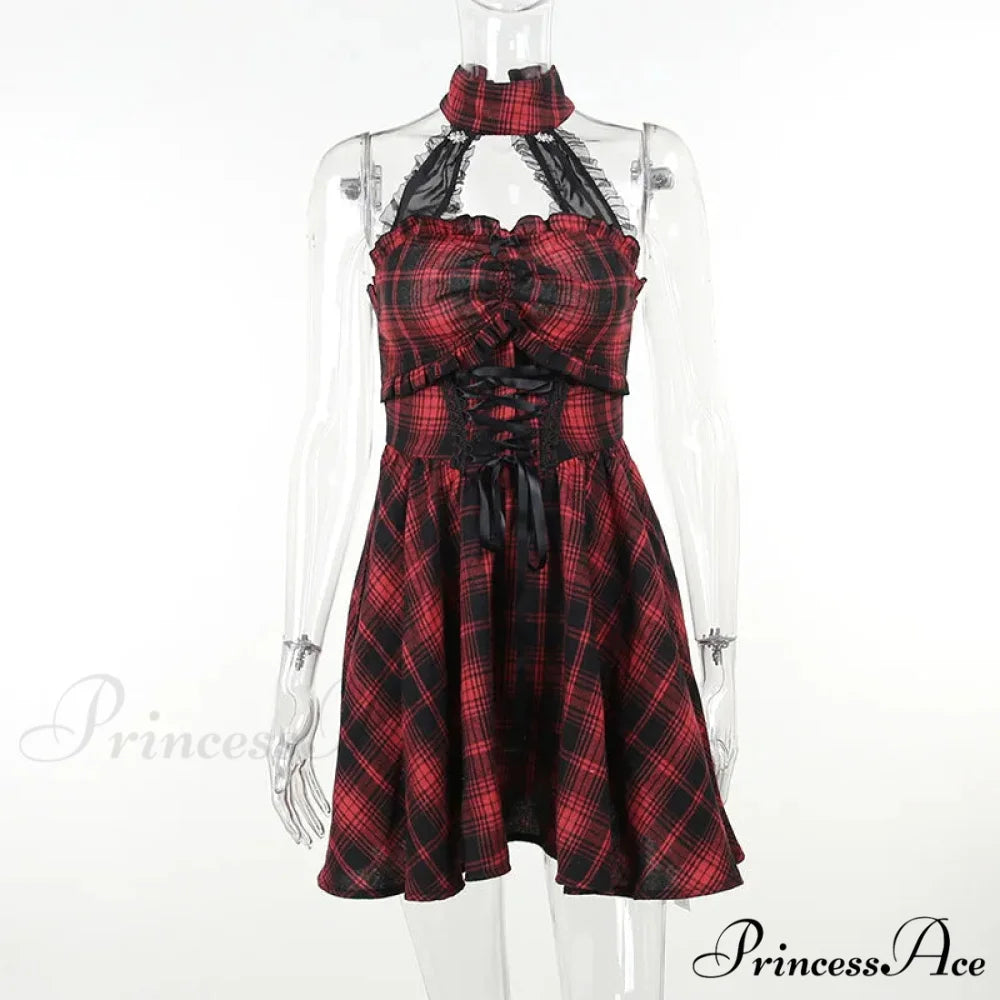 Gothic Halter Neck Sleeveless Vintage Plaid Mall Goth High Waist A line Swing Backless Dress