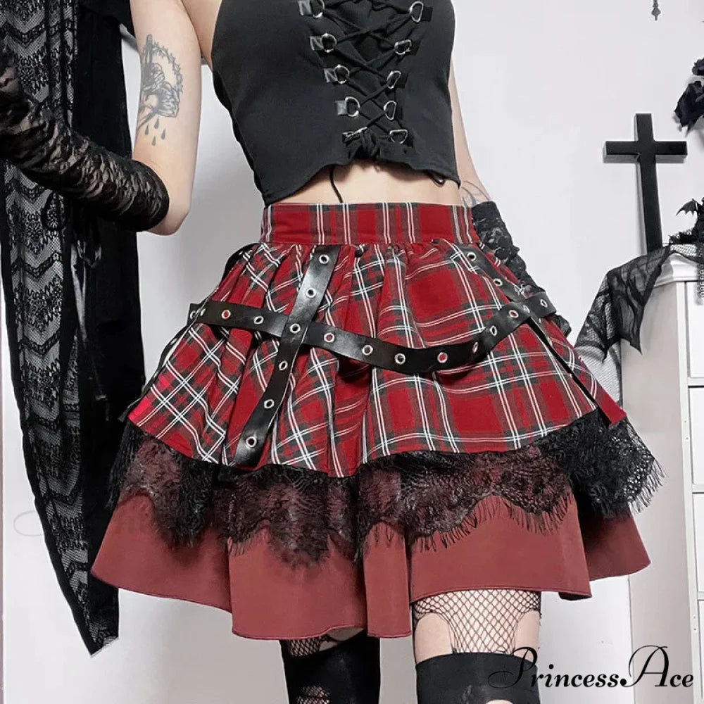 Gothic Harajuku Girls Plaid Pleated Sweet Lace Kawaii Y2k Costume Skirt