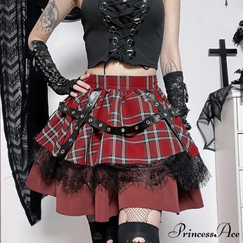 Gothic Harajuku Girls Plaid Pleated Sweet Lace Kawaii Y2k Costume Skirt