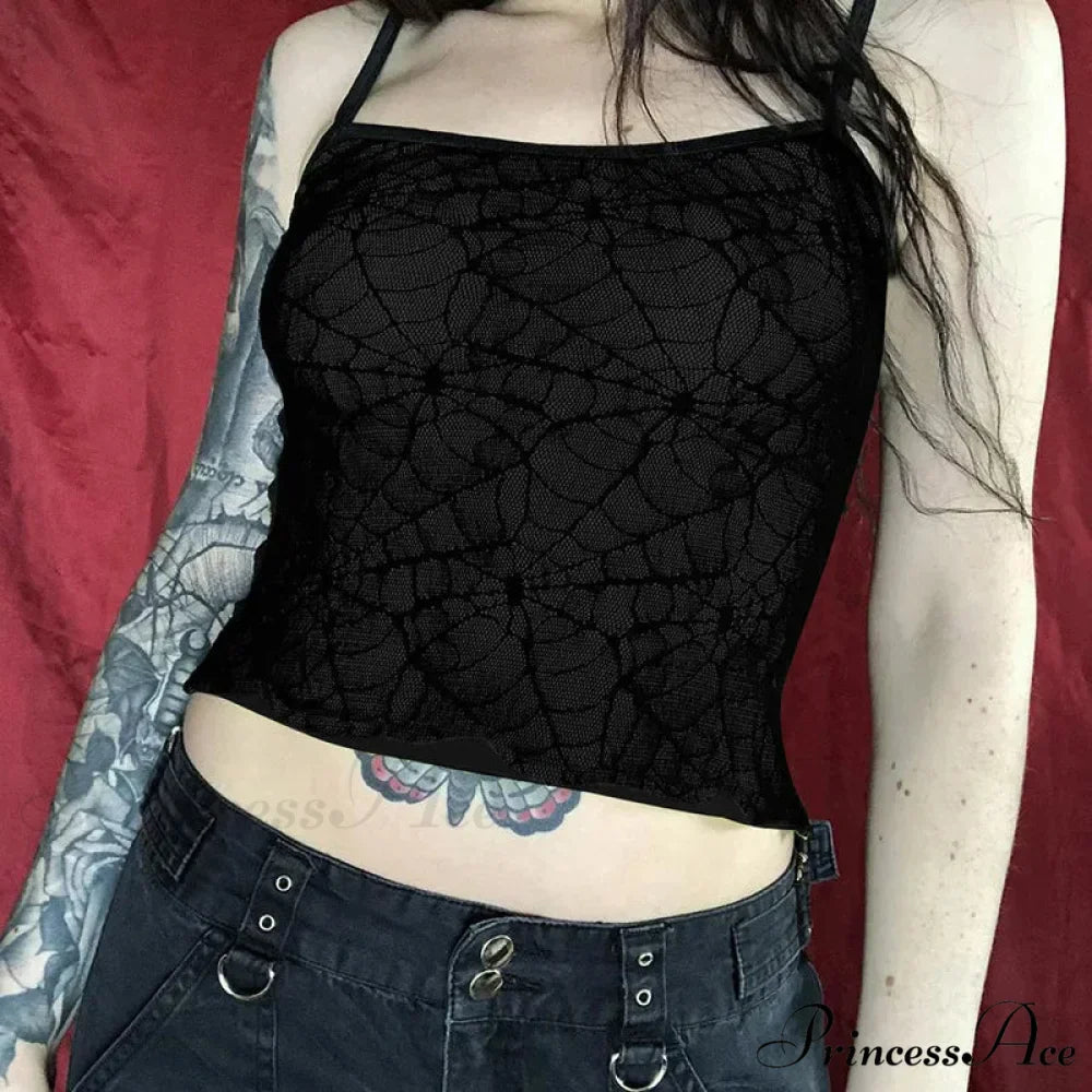 Gothic High Street Sexy Mesh Lace Backless Ruffle Sleeveless Crop Top