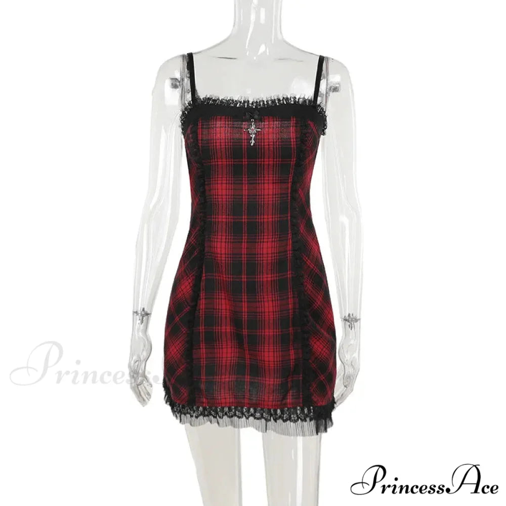 Gothic High Waist Plaid Halter Vintage Retro Grunge Aesthetics Contrast Swing Party Dress