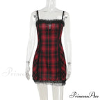 Gothic High Waist Plaid Halter Vintage Retro Grunge Aesthetics Contrast Swing Party Dress