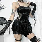 Gothic Hollow Out Spaghetti Straps Velvet Sexy Sleeveless V Neck Backless Bodycon Dress
