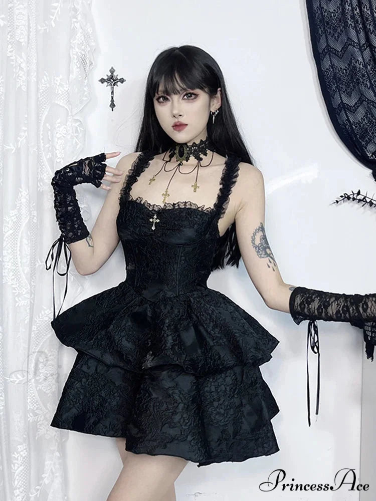 Gothic Jacquard Double Cake Suspender Vintage Lace Trim Backless A Line Mini Club Dress