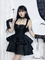 Gothic Jacquard Double Cake Suspender Vintage Lace Trim Backless A Line Mini Club Dress