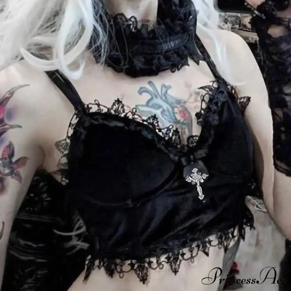 Gothic Lace Bandage Velvet Sleeveless Crop Top