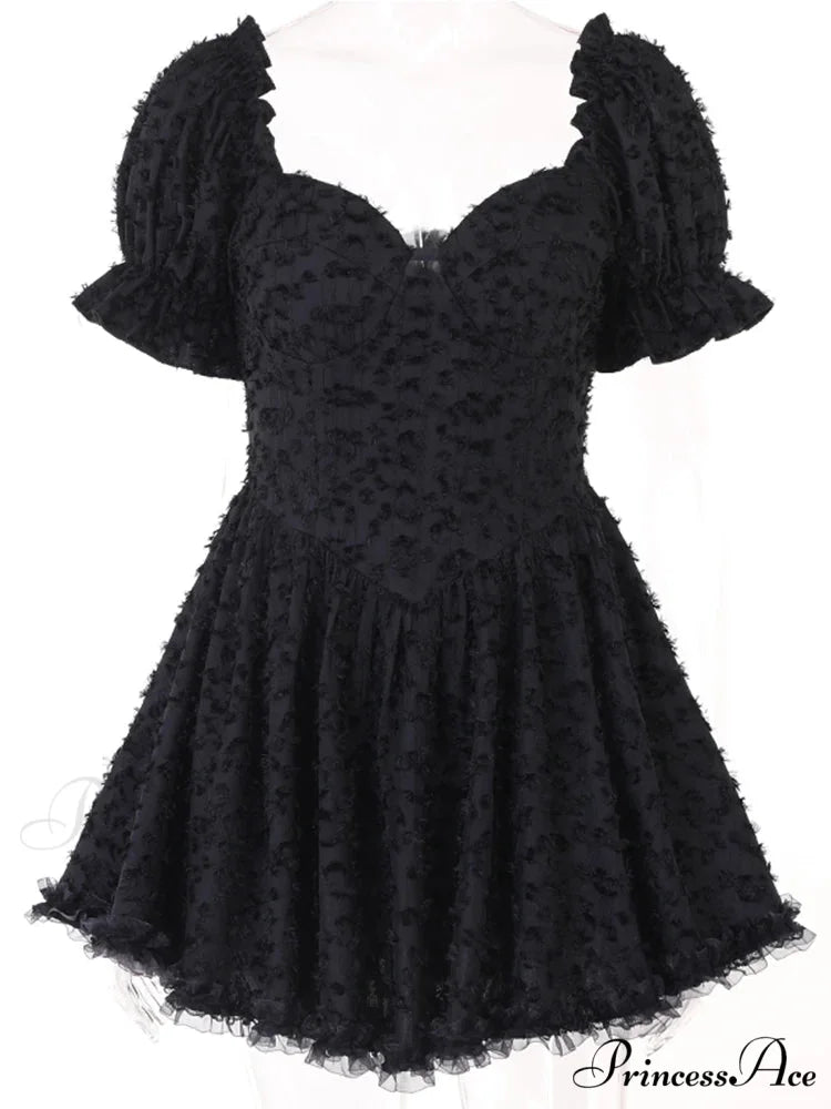 Gothic Lolita Women's Vintage High Waist Black Ball Gown Goth Puff Sleeve V-neck Dress