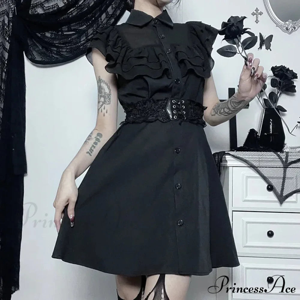 Gothic Mall Harajuku E-Girl Dress Mesh Patchwork Black Slim A-Line Sexy Party Grunge Aesthetic Streetwear Dress