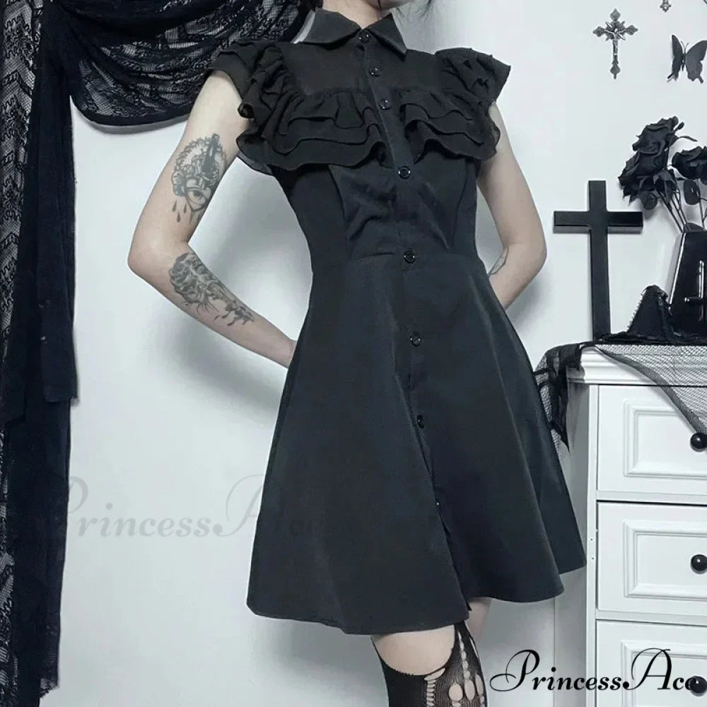 Gothic Mall Harajuku E-Girl Dress Mesh Patchwork Black Slim A-Line Sexy Party Grunge Aesthetic Streetwear Dress