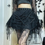Gothic Mini Y2K Harajuku Spider Web Patchwork Lace Tassel Dark Academy Street Woman With Belt Fairy Grunge Skirt