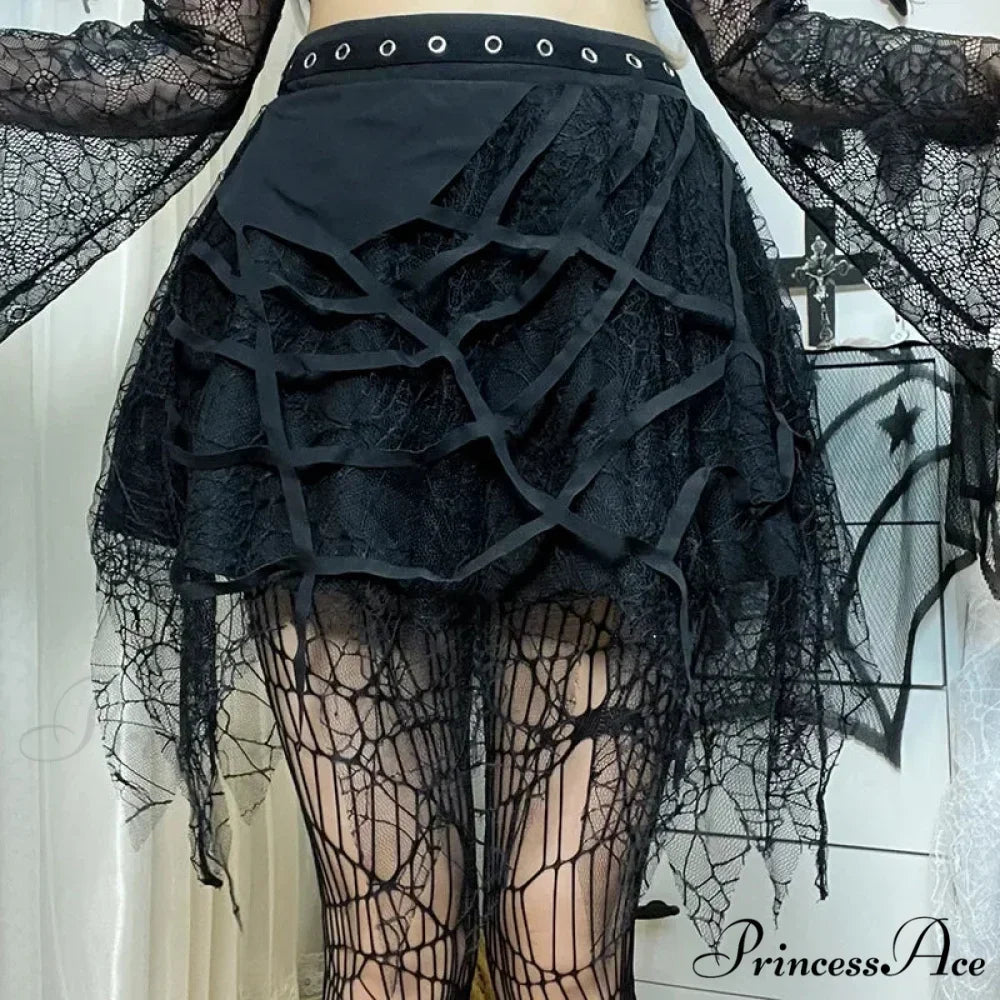 Gothic Mini Y2K Harajuku Spider Web Patchwork Lace Tassel Dark Academy Street Woman With Belt Fairy Grunge Skirt