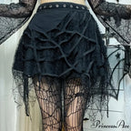 Gothic Mini Y2K Harajuku Spider Web Patchwork Lace Tassel Dark Academy Street Woman With Belt Fairy Grunge Skirt