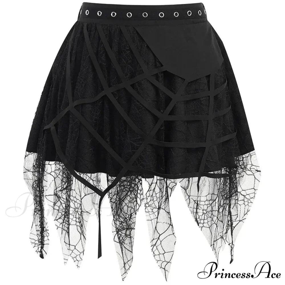 Gothic Mini Y2K Harajuku Spider Web Patchwork Lace Tassel Dark Academy Street Woman With Belt Fairy Grunge Skirt