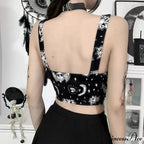 Gothic Print Sexy Backless Y2K Punk Zip Up Corset Crop Top