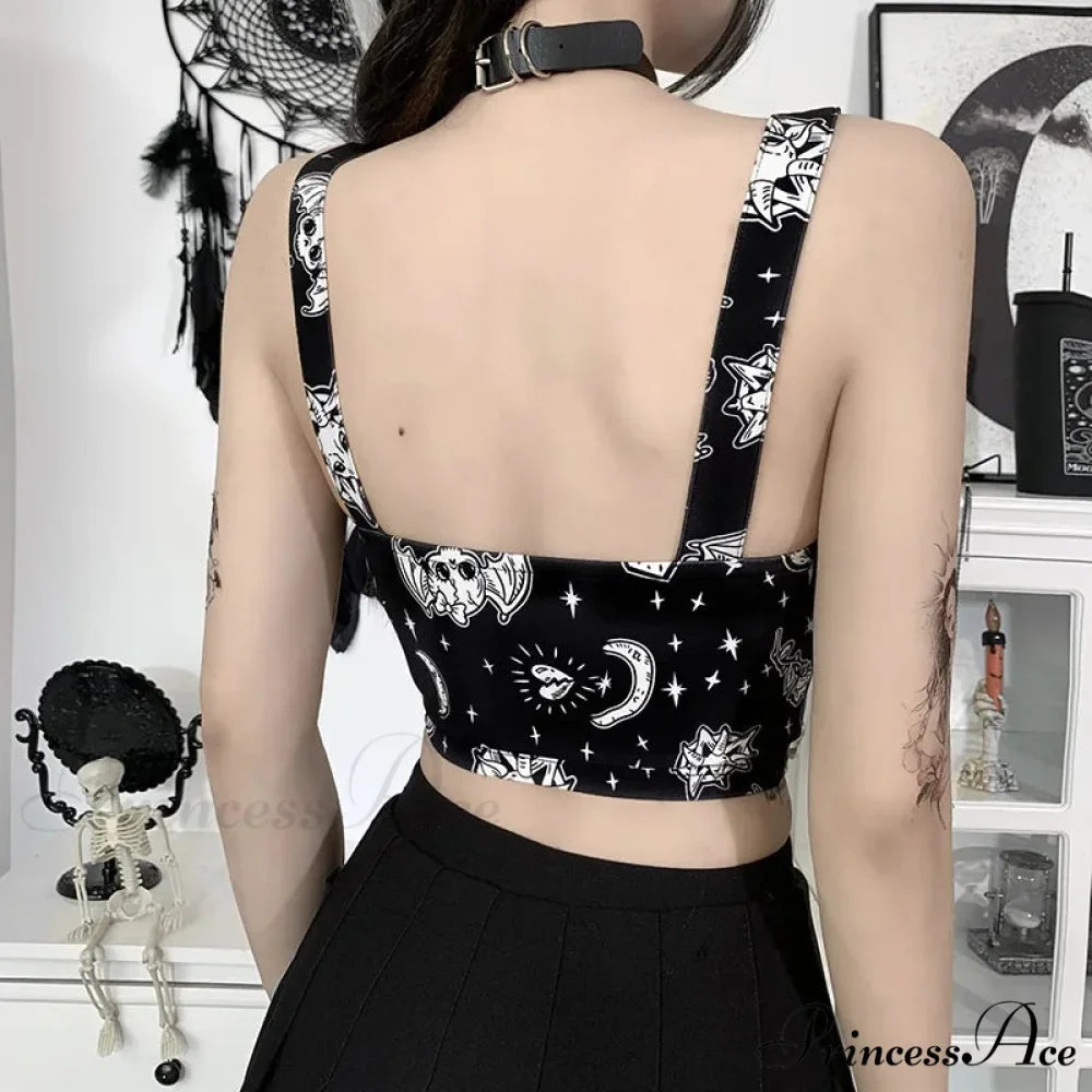 Gothic Print Sexy Backless Y2K Punk Zip Up Corset Crop Top