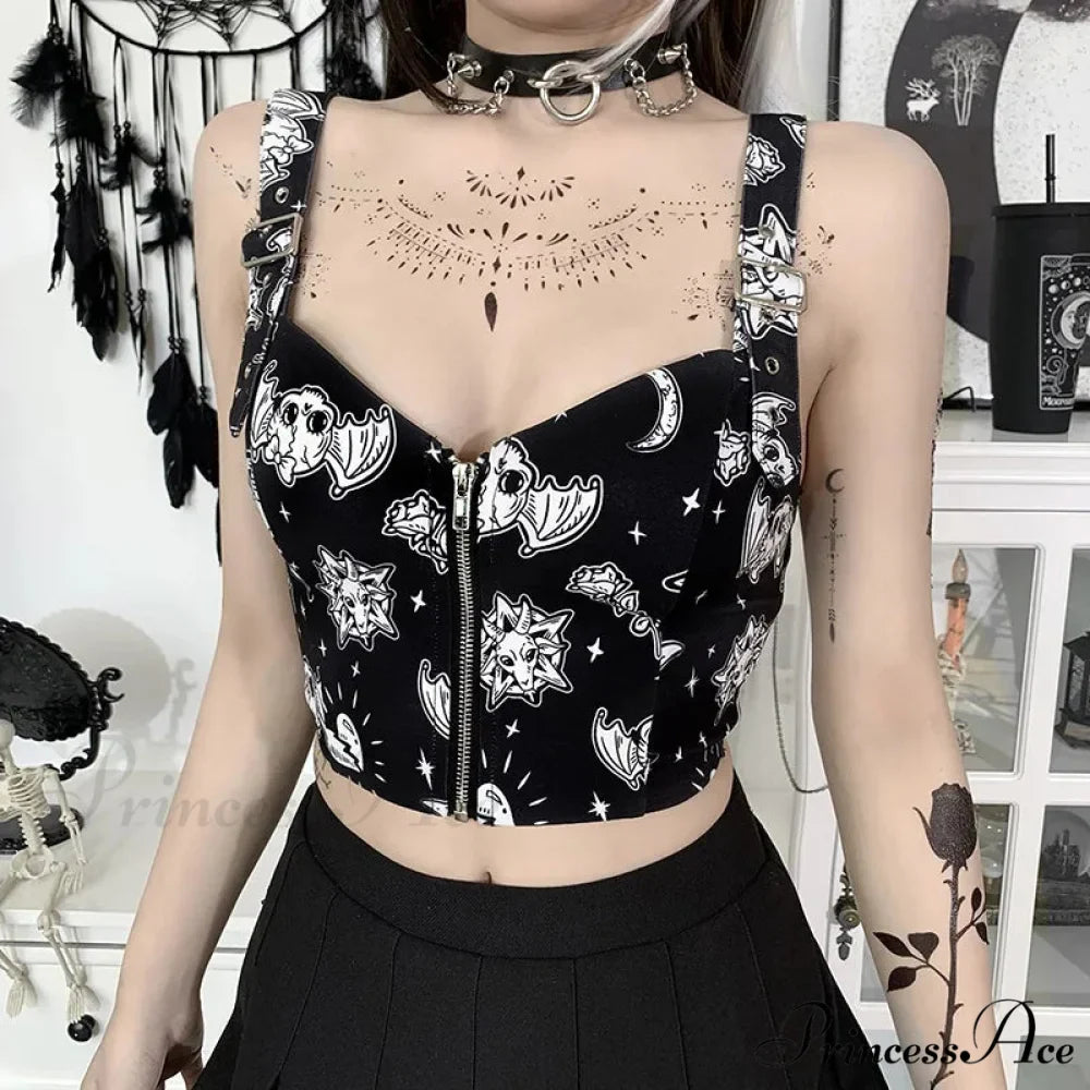 Gothic Print Sexy Backless Y2K Punk Zip Up Corset Crop Top