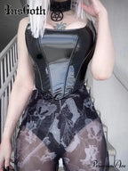 Gothic PU Leather Bustier Spaghetti Strap Grunge Punk Vintage Clubwear Sleeveless Crop Top