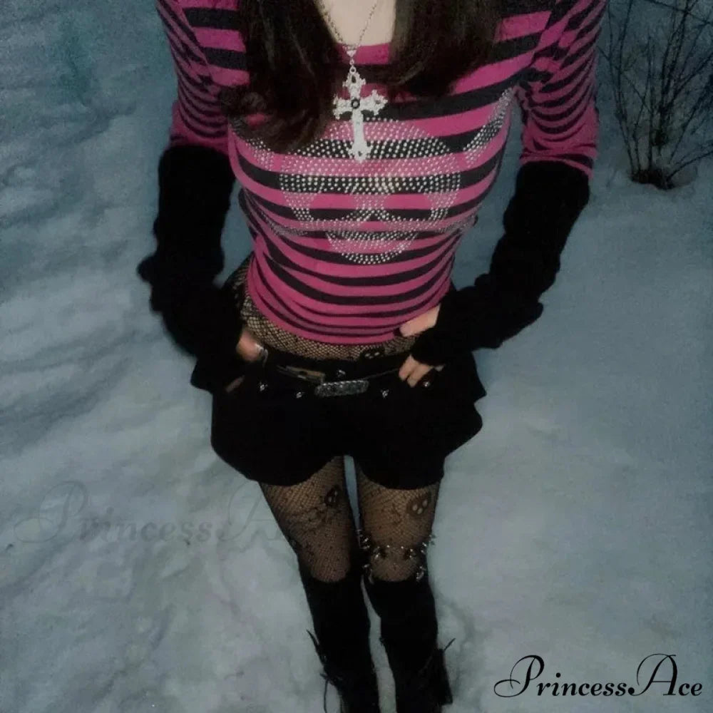Gothic Punk Dark Academia Rhinestone Skull Striped Crop Top